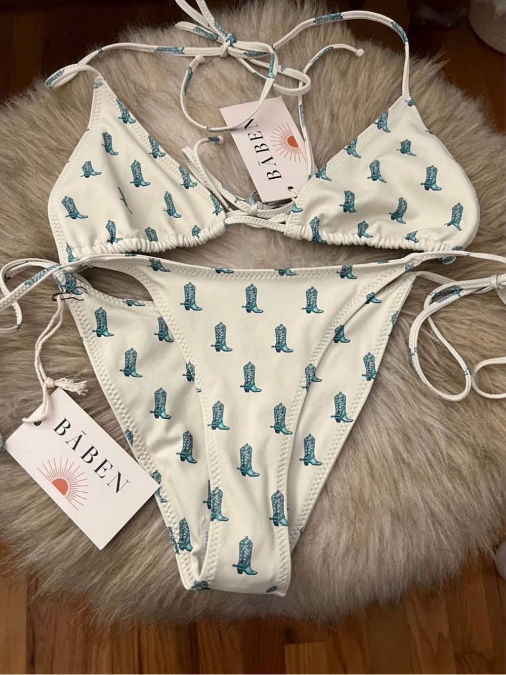White & Teal Cowboy Boot Print Triangle Bikini